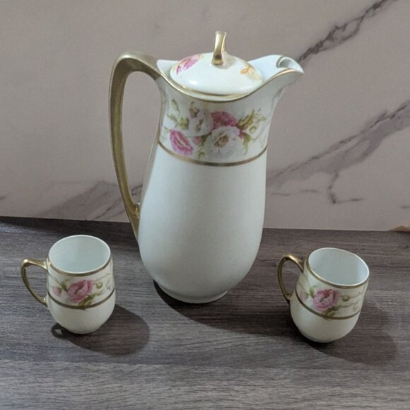 Bavaria Porcelain Coffee Set Pitcher & 2 Cups Floral Gold Trim Antique chocolate - Picture 3 of 8